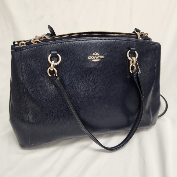 Large Christie Coach Carryall Navy Blue Crossgrain Leather Removable Strap - Picture 1 of 11